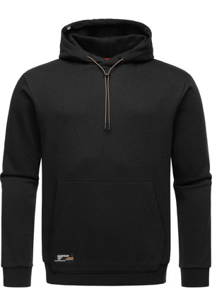 Zwarte hoodie met een voorzak, verstelbare trekkoord en ribgebreide manchetten. Voorzien van een klein label aan de zoom. Zachte stoftextuur.