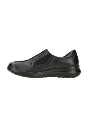 Chaussures noires à enfiler avec une tige en cuir et des panneaux élastiques sur les côtés. Elles présentent une semelle en caoutchouc texturée pour l'adhérence et la flexibilité.