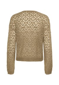 Gebreid vest in lichtbruin met een opengewerkt geometrisch patroon, voorzien van lange mouwen en een ronde halslijn.