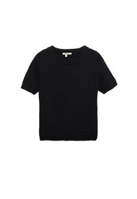 Sort kortærmet strikket sweater med rund halsudskæring, ribbede manchetter og kant. Den har et struktureret, blødt stof.