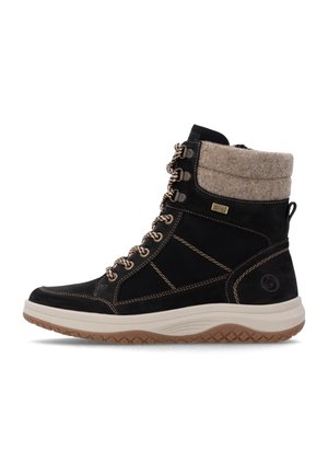 Black high-top winter boot with beige padded collar, beige and black laces, white midsole, and brown rubber outsole with tread pattern.