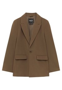 Brown tailored blazer with notched lapels, single button closure, and two front pockets. Smooth fabric, structured shape, and minimalist design.