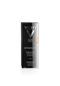 Vichy Dermablend Foundation-Box, matt schwarz mit glänzenden Akzenten, zeigt "Vanille 20" und SPF 35 und hebt hypoallergene Eigenschaften hervor. 30 ml.