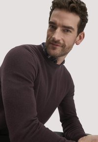 Dunkellila gestrickter Rundhalspullover mit langen Ärmeln, weicher Textur und Rippbündchen. Darunter ist ein kariertes Hemd mit Kragen sichtbar.