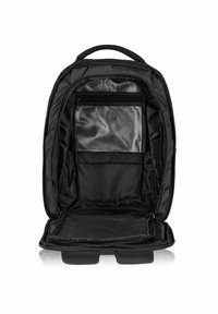 Czarny plecak z tkaniny z wieloma przegródkami, w tym siatkową kieszenią na zamek błyskawiczny oraz wyściełanymi sekcjami, gładka tekstura i solidny uchwyt.