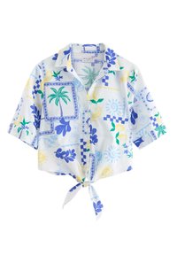 Vit kortärmad knäppskjorta med framknutning, med blå, gröna och gula tropiska mönster som palmträd, citroner, blommor och solmönster.