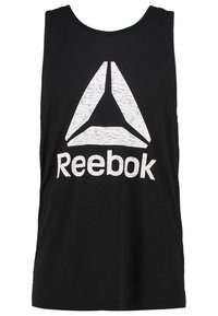 Black tank top made of cotton, featuring a large white Reebok logo and a geometric design on the front. Simple, sleeveless design.