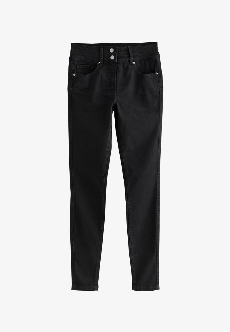 Jean noir skinny taille haute avec double bouton à l'avant, poches avant et poche monnaie, coupe slim se resserrant aux chevilles.