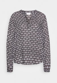Blusa a maniche lunghe in tessuto leggero, con un motivo a ventaglio marrone e bianco, collo rotondo e una vestibilità leggermente rilassata.
