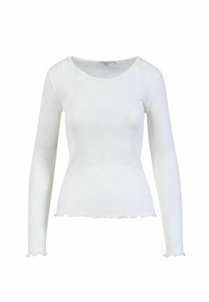 Weißes, geripptes Langarmshirt mit gewellten Abschlüssen an Bündchen und Saum, mit rundem Halsausschnitt.