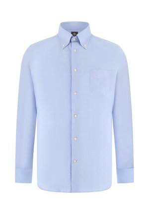Lyseblå skjorte med knapper, lange ærmer, lille ternet mønster, knappet krave, brystlomme og hvide knapper.