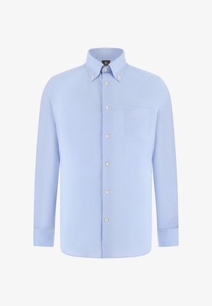 Lyseblå skjorte med knapper, lange ærmer, lille ternet mønster, knappet krave, brystlomme og hvide knapper.
