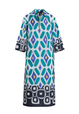 Mekko, jossa on eläväinen geometrinen kuvio teal-, purppura- ja keltavärissä. Valmistettu kevyestä kankaasta, jossa on kaulus ja 3/4-hihat.