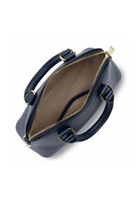 Borsa in pelle blu navy con zip e accessori dorati. Presenta due manici e un ampio interno beige con una tasca aggiuntiva.