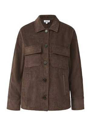 Bruine corduroy button-up jas met lange mouwen, twee borstzakken met kleppen en twee zijvakjes met een opening.