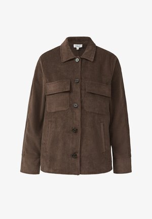 Giacca button-up in corduroy marrone con maniche lunghe, due tasche a soffietto sul petto e due tasche laterali a taglio.