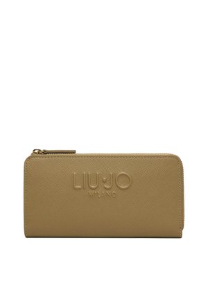 Portafoglio beige strutturato con chiusura a cerniera e logo "Liu Jo Milano" in rilievo sulla parte anteriore su sfondo bianco.