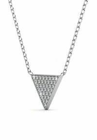 Collana con pendente in tono argento a forma triangolare, adornata con numerosi cristalli trasparenti a taglio rotondo e una catena sottile.