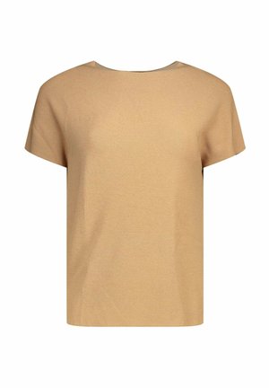 Top beige in maglia a maniche corte con scollo rotondo e vestibilità larga e squadrata.