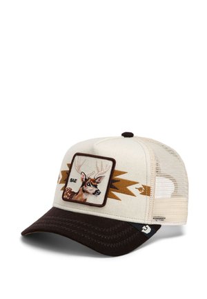 Casquette de baseball avec une visière marron et un dos en mesh beige, avec un patch représentant une tête de cerf avec des bois et des motifs géométriques marron sur le devant.