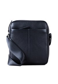 Black leather crossbody bag with a textured finish. Features a flat front pocket and an adjustable strap. Rectangular shape with clean lines.