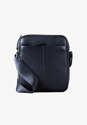 Black leather crossbody bag with a textured finish. Features a flat front pocket and an adjustable strap. Rectangular shape with clean lines.