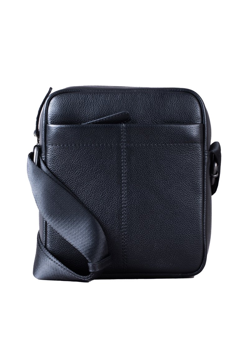 Black leather crossbody bag with a textured finish. Features a flat front pocket and an adjustable strap. Rectangular shape with clean lines.