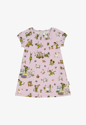 Lyhythihainen vaaleanpunainen mekko, jossa on leikkisiä eläin- ja lapsi-illustraatioita. Valmistettu pehmeästä kankaasta, jossa on pyöreä kaula-aukko ja kaareva helma.