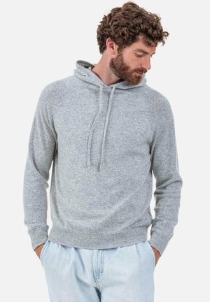 Hellgrauer Strickkapuzenpullover mit Kordelzug, gerippten Bündchen und Saum. Verfügt über eine lockere Passform und eine subtile Textur. Lässiges Design mit langen Ärmeln.