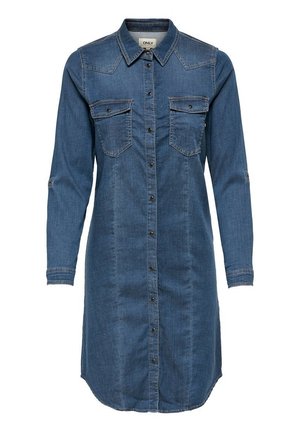 Středně dlouhé džínové šaty-košile s dlouhými rukávy, zapínáním na knoflíky, špičatým límcem a dvěma náprsními kapsami s klopami na knoflíky.