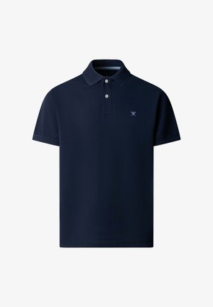 Marineblaues Polohemd mit kurzen Ärmeln, zwei Knöpfen und kleinem Logo aus gekreuzten Golfschlägern auf der linken Brust.