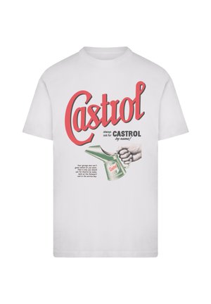 White cotton t-shirt featuring a retro Castrol graphic with bold red and green colors, depicting a hand holding an oil can and text details.