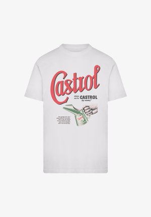 White cotton t-shirt featuring a retro Castrol graphic with bold red and green colors, depicting a hand holding an oil can and text details.