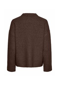 Brown knitted sweater with a relaxed fit, ribbed hem, and wide sleeves. Textured surface and a simple collar detail at the back.