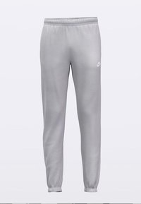 Pantaloni de trening gri, realizați din material fleece moale, cu talie elastică, picioare conice și un mic logo alb Nike pe partea stângă.