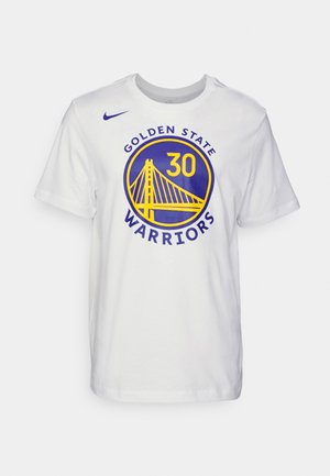 Valkoinen puuvillapaita, jossa on sininen ja keltainen pyöreä muotoilu, jossa lukee "GOLDEN STATE WARRIORS" ja "30", sekä silta-alegraafisia elementtejä. Nike-logo ylhäällä.