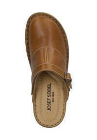 Brown leather clog-style shoe with a buckle accent, featuring a stitched edge and a smooth finish on the upper. Inside branding visible.