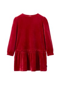 Punainen pitkähihainen samettimekko, jossa on kerätty rypytysvyöthän s ja joustavat hihansuut, suunniteltu lapsille.