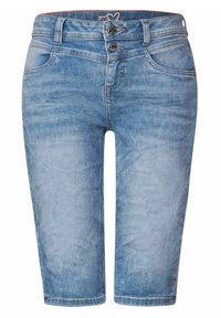 Light blue denim shorts with a faded finish. Features two buttons at the waist, five pockets, and a straight leg cut ending just above the knee.