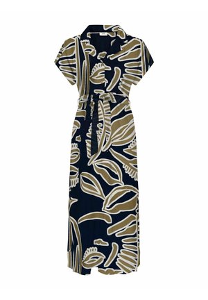 Zwarte maxi-jurk met korte mouwen, overhemdkraag, knopen aan de voorkant, stoffen riem en grote abstracte beige blad- en bloemenprint.