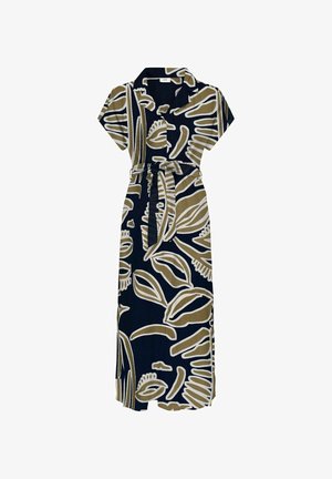 Schwarzes Maxikleid mit kurzen Ärmeln, Hemdkragen, vorderen Knöpfen, Stoffgürtel und großem abstraktem beigem Blatt- und Blumenmuster.