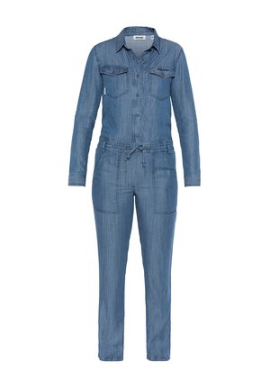 Dunkelblauer Denim-Overall mit langen Ärmeln, knöpfbaren Brusttaschen, verstellbarem Kordelzug in der Taille und schmal zulaufenden Beinen.