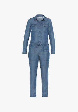 Dunkelblauer Denim-Overall mit langen Ärmeln, knöpfbaren Brusttaschen, verstellbarem Kordelzug in der Taille und schmal zulaufenden Beinen.