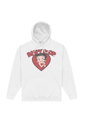 Biała bluza z kapturem z graficznym nadrukiem Betty Boop wewnątrz czerwonego serca, z czarnymi konturami i żółtymi akcentami. Zawiera przednią kieszeń.