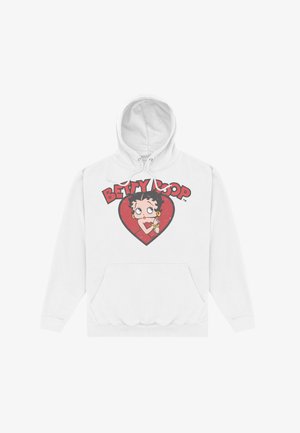 White hoodie featuring a graphic print of Betty Boop inside a red heart, with black outlines and yellow accents. Includes a front pocket.