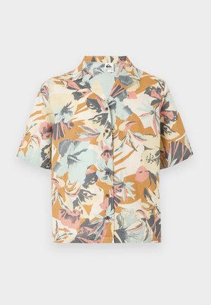 Lühikeste varrukatega nööbitav särk mitmevärvilise lillemustriga toonides beež, pruun, korall, hall ja hele sinine.