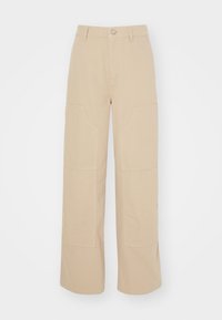 Beige wide-leg trousers made of cotton. Features large patch pockets on the front and a classic button closure at the waist.