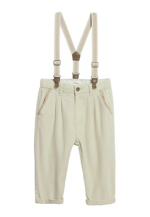 Beige peuterbroek met verstelbare beige bretels, knoop aan de voorkant, zijzakken en omslagzomen.