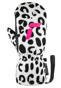 Weiße Handschuhe mit einem schwarzen Leopardenmuster, einem rosa Logo und schwarzen Lederakzenten. Mit elastischem Handgelenk für einen sicheren Sitz.