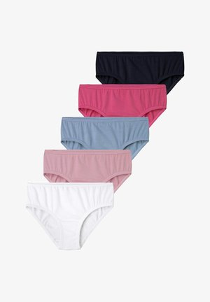 Fünf Paar Baumwollslips in Marineblau, Pink, Hellblau, Hellrosa und Weiß. Jedes hat einen elastischen Bund und geraffte Kanten.